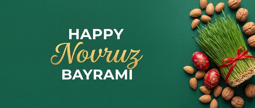 Novruz Bayram holiday greeting background with semeni sprouted wheat grass tied with red ribbon, painted eggs, walnuts, and almonds on dark green copy space for Nowruz Persian New Year celebration.