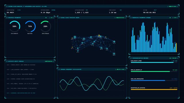 High-tech futuristic UI dashboard featuring live data synchronization, cloud network telemetry, real-time frequency waveforms, activity log consoles, and circular progress gauges in clean 4K resolutio