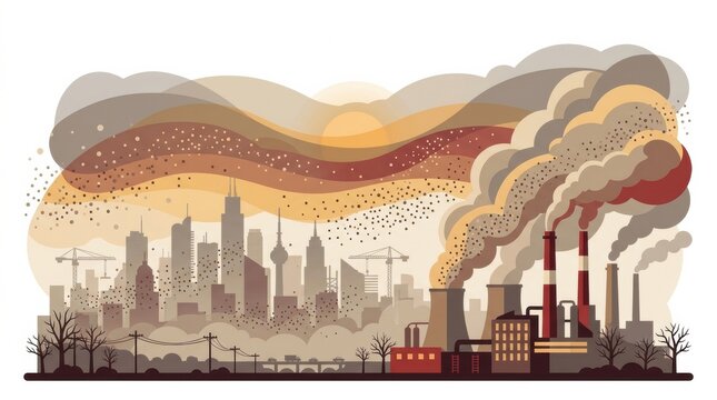 Factories release smoke and pollutants into the air while overcast skies linger above the city skyline in an urban environment.