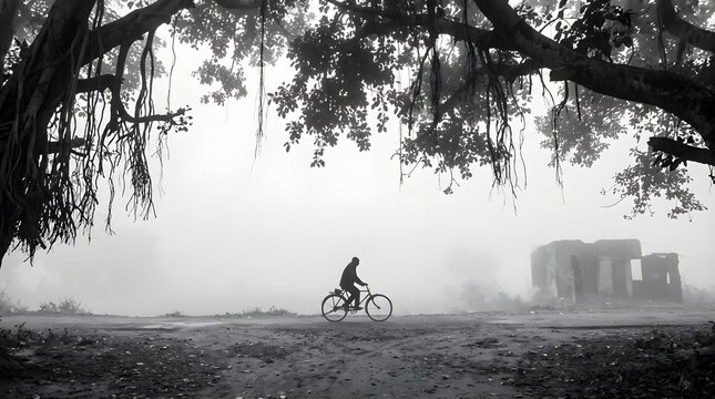 A lone cyclist rides a bicycle along a rural path under the sprawling branches of a banyan tree during a thick, atmospheric winter morning fog in the countryside