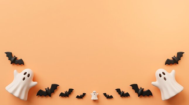 Cute white ghost figurines and small black bats forming a bottom border on a warm pastel orange background