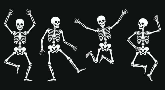 Four dancing skeletons in celebration against a dark background vector illustration