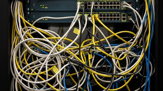 Messy ethernet cables connected to network switches in a server rack
