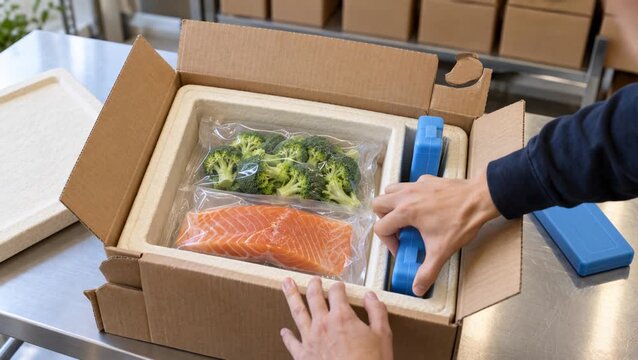 A person is opening a cardboard meal kit box in a kitchen. Inside the box are vacuum-sealed portions of salmon and broccoli. The person uses a blue tool to lift out the contents