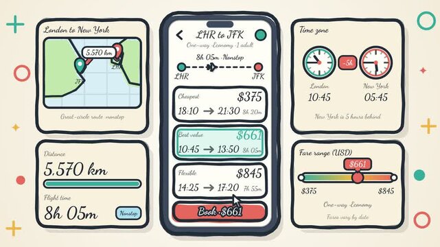 Flight Booking Mobile App Interface Hand Drawn Animation Showing User Selecting Best Value Plane Ticket For Air Travel Planning Experience