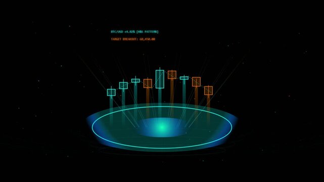 Digital bitcoin trading chart with hs pattern hologram