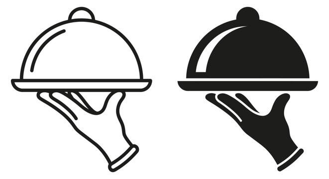 Hand holding covered dish with clean lines and solid fill for catering and restaurant concepts