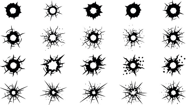Black Gunshot Holes Bullet Shot Impact Damage Silhouettes Vector Elements Set