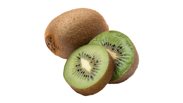 Whole and half sliced fresh tropical kiwi fruits isolated on transparent background