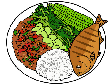 Top view cartoon illustration of Indonesian traditional complete meal on white plate. One whole fried gourami fish ikan goreng, white steamed rice nasi putih, spicy red and green sambal terasi with ch