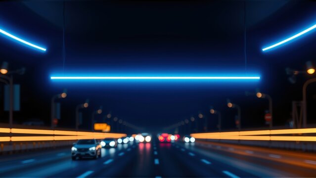 Night highway scene. Vehicles travel beneath illuminated structures. Bright lights create dynamic streaks, suggesting motion. Dark sky dominates backdrop.