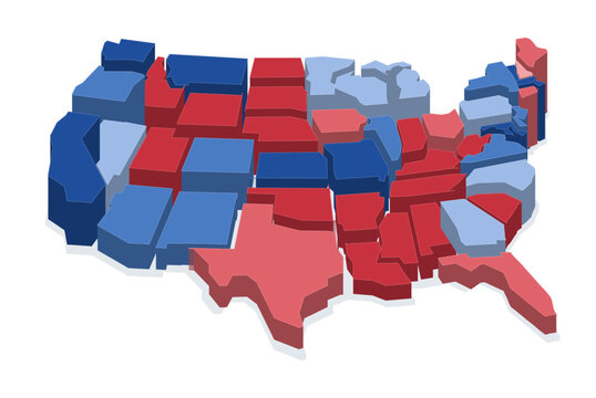 American states as 3D columns in shades of red and blue, swing state and midterm forecast concept
