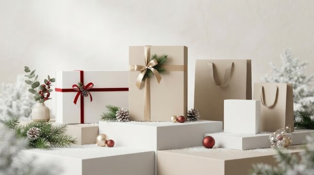 Snowy winter scene featuring wrapped christmas gift boxes on white display podiums