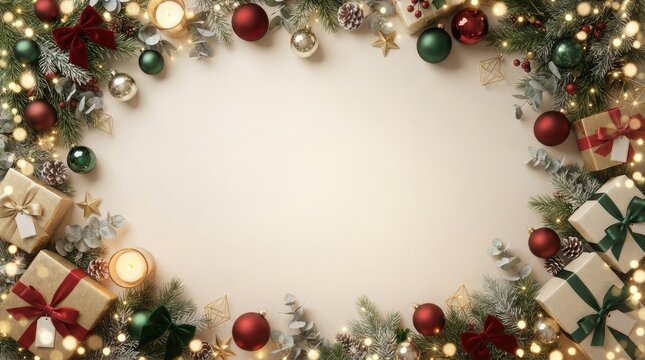 Festive christmas frame featuring decorative baubles and wrapped gifts against with large central copy space