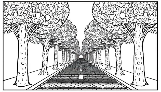  Pencil drawn road lined with patterned trees
