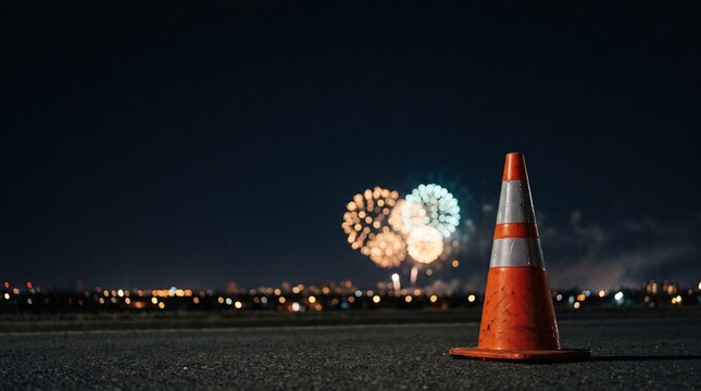 Orange Traffic Cone Standing on Asphalt During a Nighttime Fireworks Display