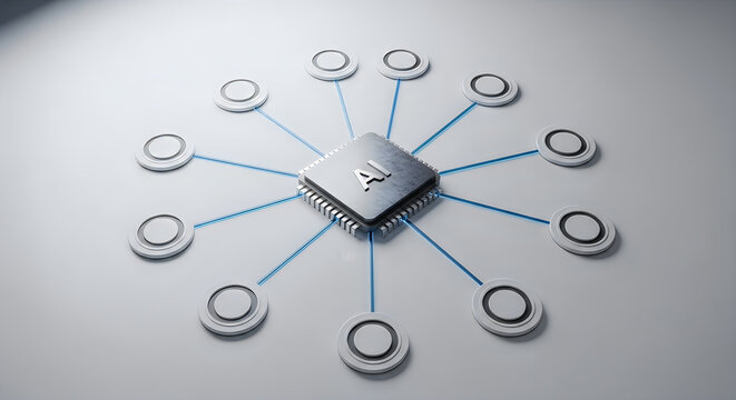 Central computer processor chip connected to multiple peripheral nodes representing a digital network system