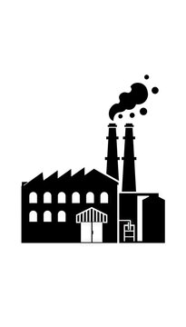 Industrial plant black icon with twin chimneys emitting smoke clouds
