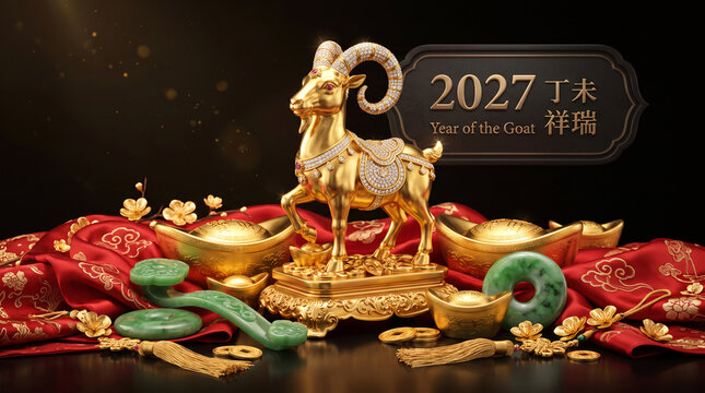 Diamond encrusted golden goat sculpture with jade ruyi, plum blossoms and sycee on embroidered red silk