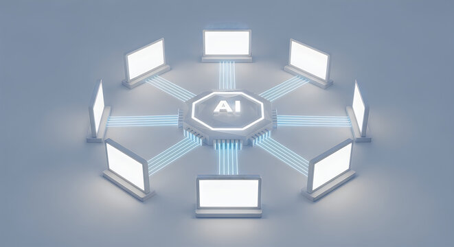 Artificial intelligence central hub connecting multiple computer screens in a digital network system concept