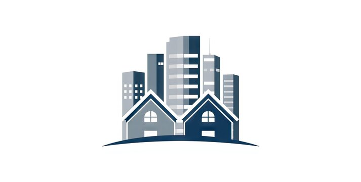 Two houses before urban high-rise towers, property logo design
