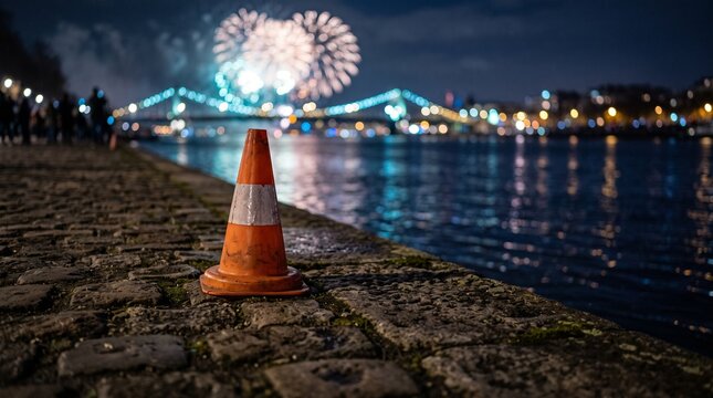 Orange Traffic Cone Placed on Cobblestone Embankment During Nighttime Fireworks Celebration