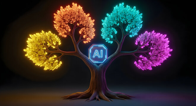 Conceptual digital tree with glowing colorful foliage and central artificial intelligence icon on black