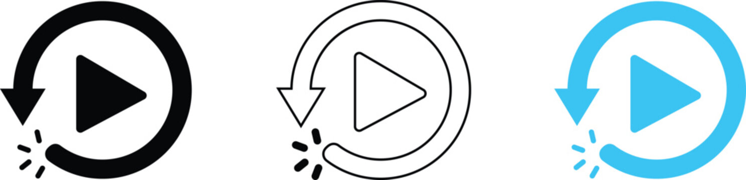 Replay video icon set in black outline and blue flat styles for media player
