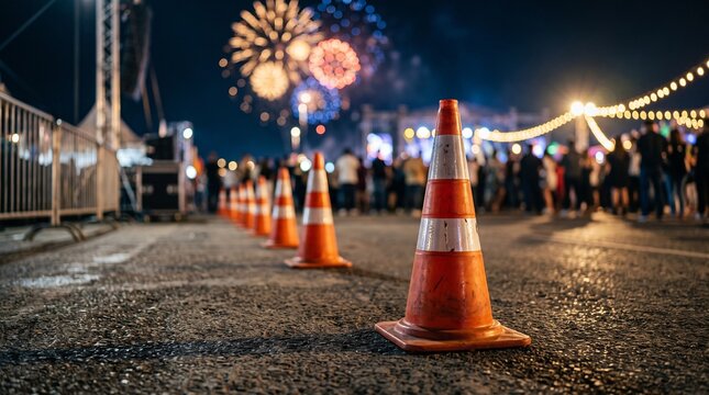 Safety Traffic Cones Arranged in a Row at a Festive Night Event with Fireworks
