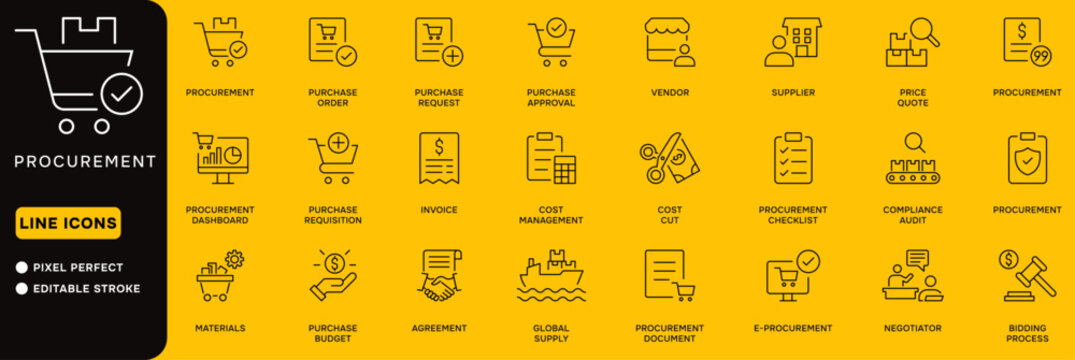 Procurement and sourcing editable icon set. Featuring purchase order, cost management, vendor, supplier, global supply, and compliance audit. Editable vector glyphs for supply chain and B2B.