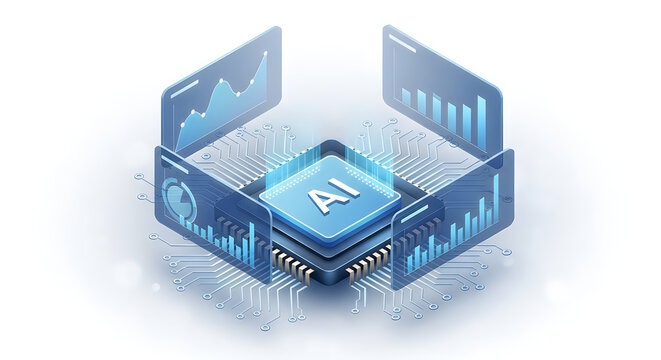 Artificial intelligence chip with digital data charts and analytical graphs for modern technology concepts