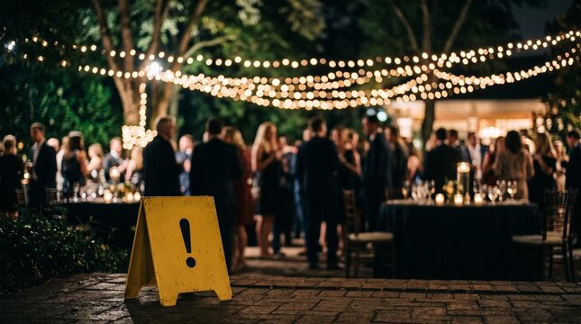 Yellow Caution Sign Placed at an Outdoor Evening Garden Celebration Event