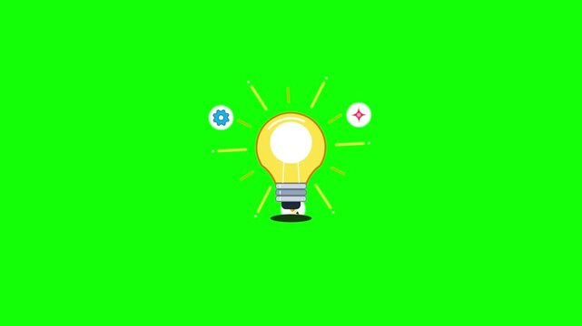 Animated flat design light bulbs flickering on a chroma key green background with floating symbols of gears and stars for creative thinking. Ideal for educational or business presentations.