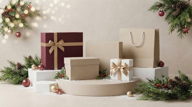 Christmas gift boxes and shopping bags on pedestals with greenery