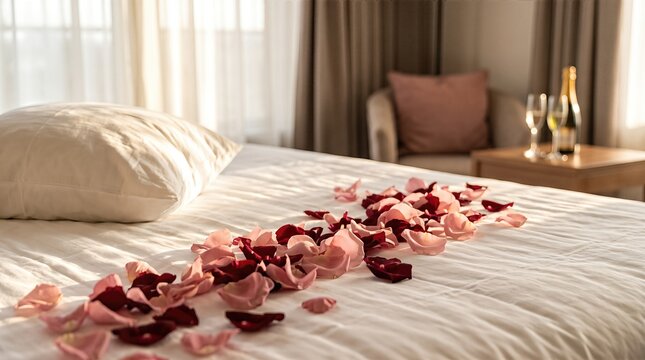 Rose petals scattered on a bed with champagne in the background