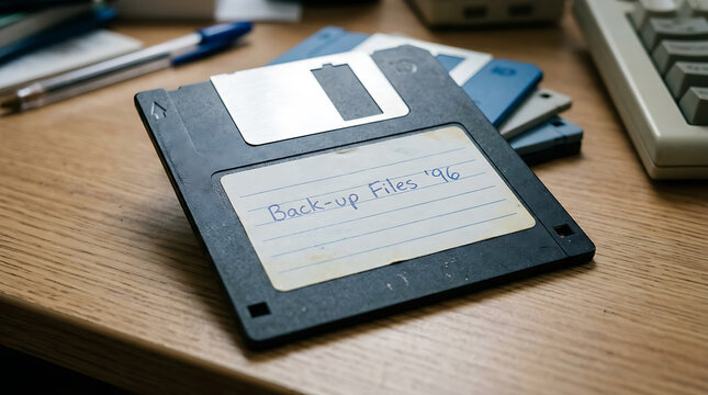 Old black floppy disk with handwritten label resting on a messy wooden office desk surface