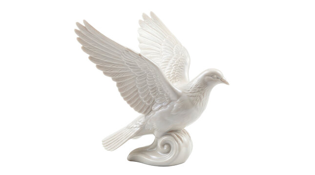 Graceful pigeon figurine with wings fully extended in a soaring pose, streamlined silhouette and finely detailed feathers symbolizing freedom, photorealistic bird sculpture, side three-quarter view,