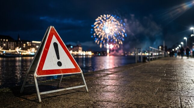 Warning Sign Standing on a Waterfront Promenade With Fireworks Display in the Background