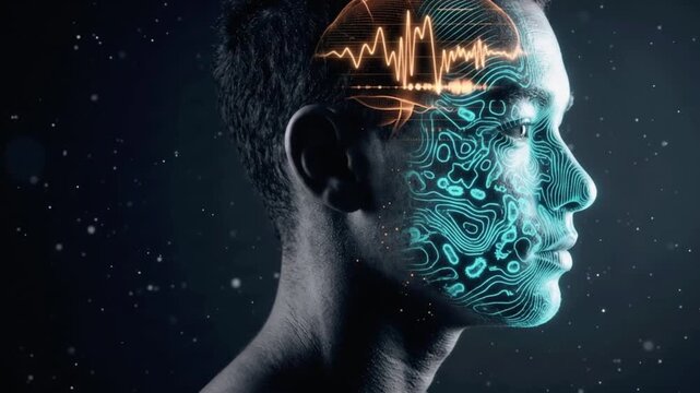 3D biometric scan of teen face revealing glowing microbiome map and brain waves