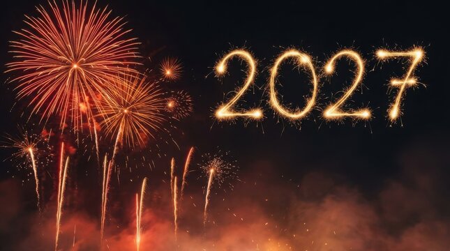 Sparkling numbers 2027 with fireworks celebration during night festive event
