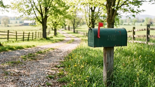 Green rural mailbox with raised red flag beside gravel lane on a country property. Rural mail delivery and correspondence. Countryside living, postal service and communication concept.