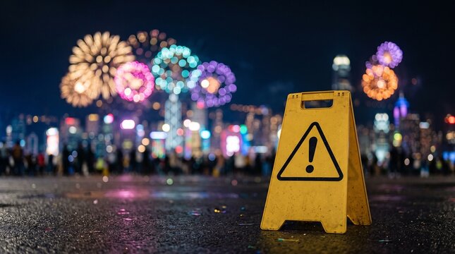 Warning Sign Standing on City Street During a Nighttime Fireworks Display