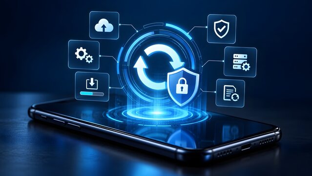 Digital security and data synchronization concept with glowing icons and a smartphone representing cloud services and protection