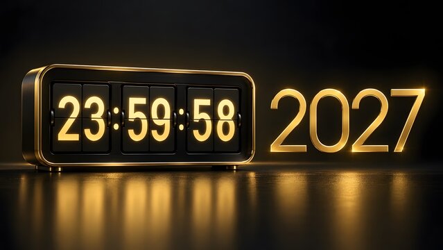 Retro flip clock showing 23 59 58 and golden year 2027 glowing against a dark background symbolizing New Year s Eve countdown and future.