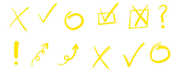 Yellow hand drawn check marks and cross symbols set featuring chalk style circles checked and crossed boxes question and exclamation marks with looping arrows on transparent background © Source Studio