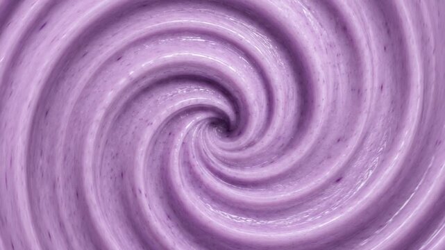 Abstract glossy swirling spiral pattern of soft purple cosmetic cream or taro yogurt background Top view macro swirl texture of glossy purple lavender cream with video play button