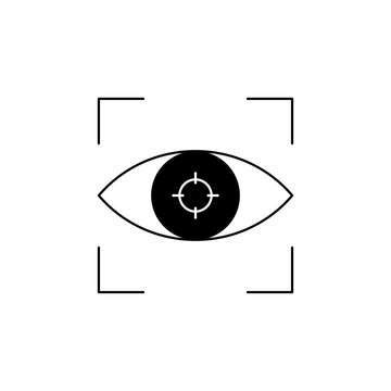 Cybersecurity icon featuring an eye with target reticle, representing digital surveillance, threat tracking, security observation, vulnerability detection, audit, and network awareness.