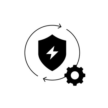 Cybersecurity icon with lightning shield and rotating gear, representing rapid incident response, automated recovery, active cyber defense, system resilience, and security monitoring.