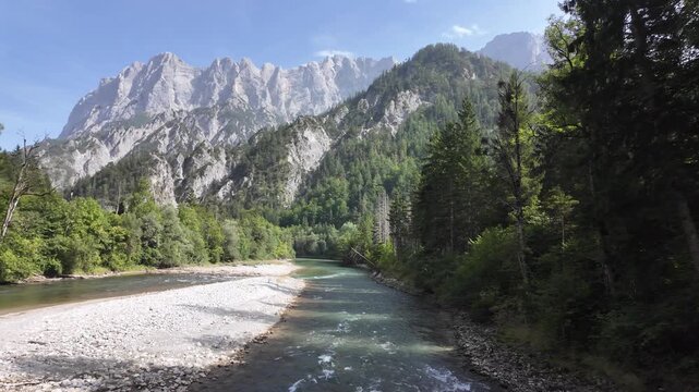 Scenic Mountain River And High Rocky Alpine Peaks In Gesaeuse National Park