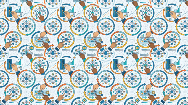 Bright and Clean Seamless Pattern of Business Technology Icons Featuring Hands Interacting with Digital Data Charts, Workflow Diagrams, and Network Nodes for Corporate Strategy and Automation
